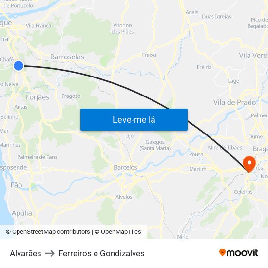 Alvarães to Ferreiros e Gondizalves map