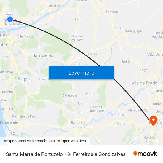 Santa Marta de Portuzelo to Ferreiros e Gondizalves map