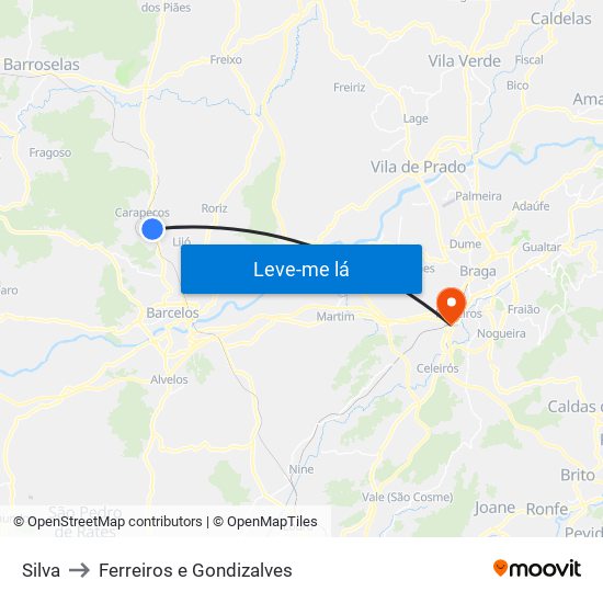 Silva to Ferreiros e Gondizalves map