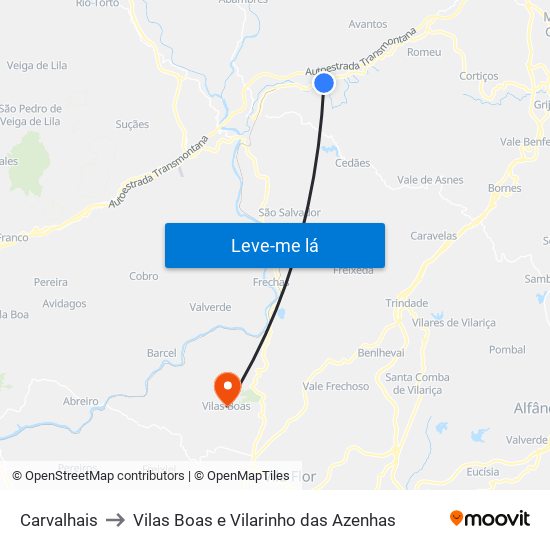 Carvalhais to Vilas Boas e Vilarinho das Azenhas map