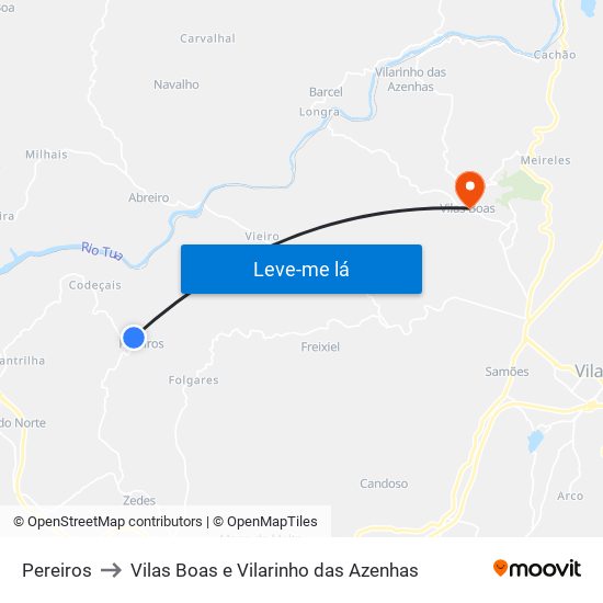 Pereiros to Vilas Boas e Vilarinho das Azenhas map