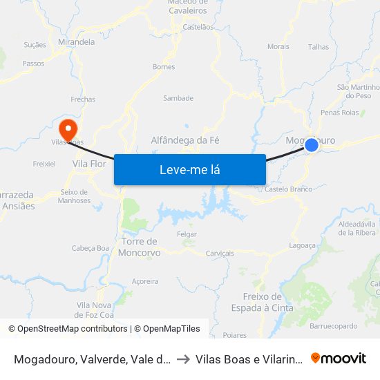 Mogadouro, Valverde, Vale de Porco e Vilar de Rei to Vilas Boas e Vilarinho das Azenhas map