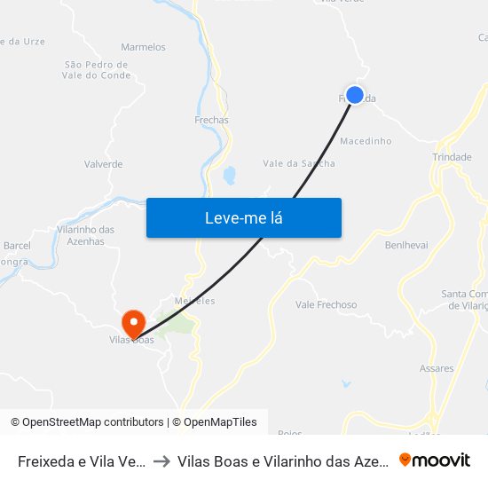 Freixeda e Vila Verde to Vilas Boas e Vilarinho das Azenhas map