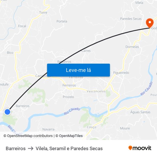 Barreiros to Vilela, Seramil e Paredes Secas map