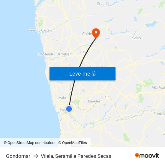 Gondomar to Vilela, Seramil e Paredes Secas map