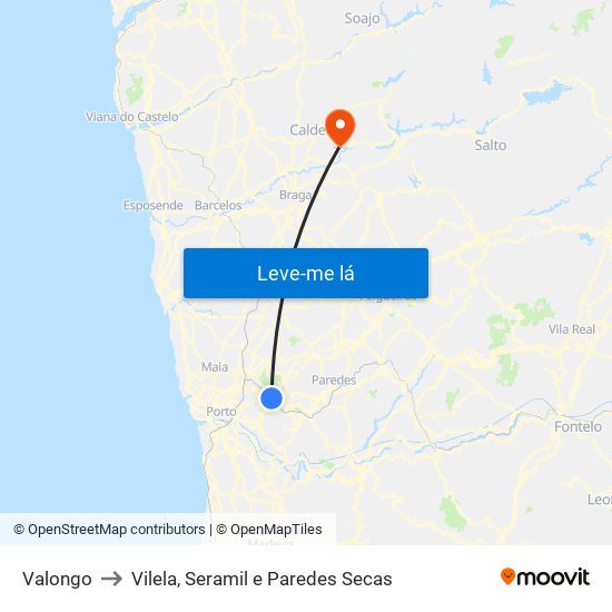 Valongo to Vilela, Seramil e Paredes Secas map