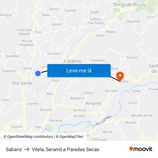 Sabariz to Vilela, Seramil e Paredes Secas map