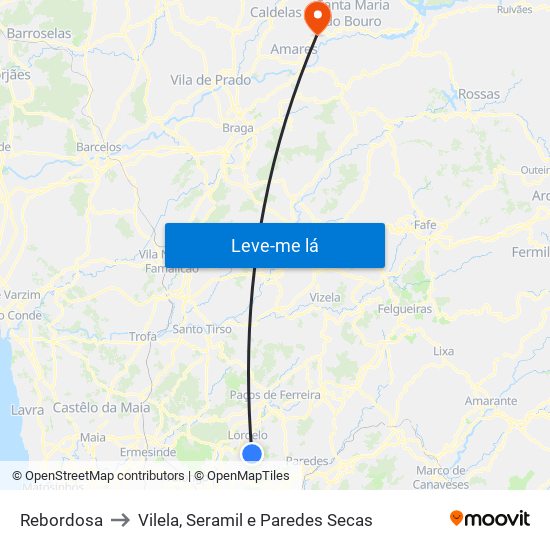 Rebordosa to Vilela, Seramil e Paredes Secas map