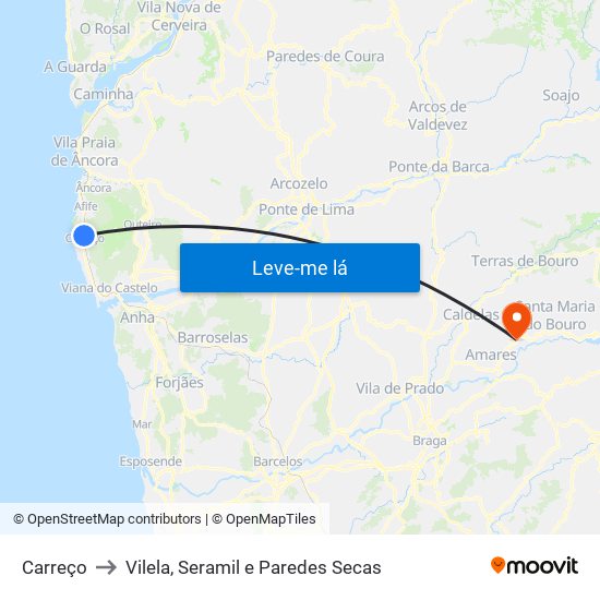 Carreço to Vilela, Seramil e Paredes Secas map