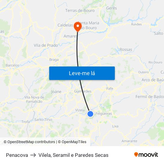 Penacova to Vilela, Seramil e Paredes Secas map