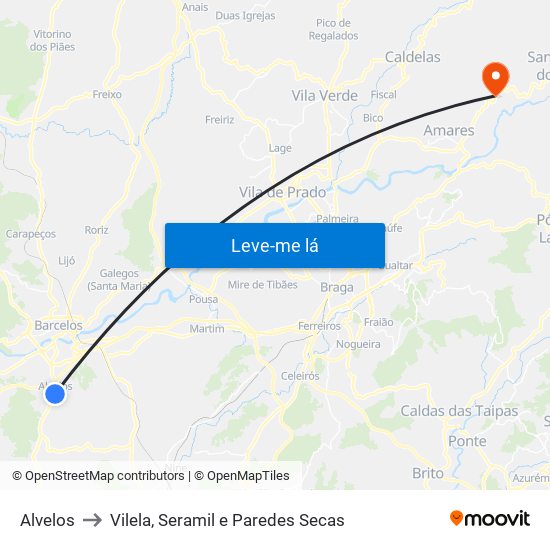 Alvelos to Vilela, Seramil e Paredes Secas map