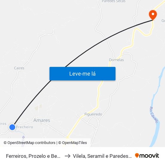 Ferreiros, Prozelo e Besteiros to Vilela, Seramil e Paredes Secas map