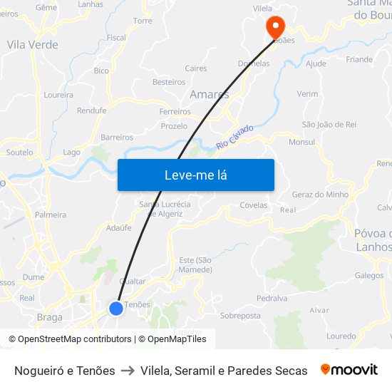 Nogueiró e Tenões to Vilela, Seramil e Paredes Secas map