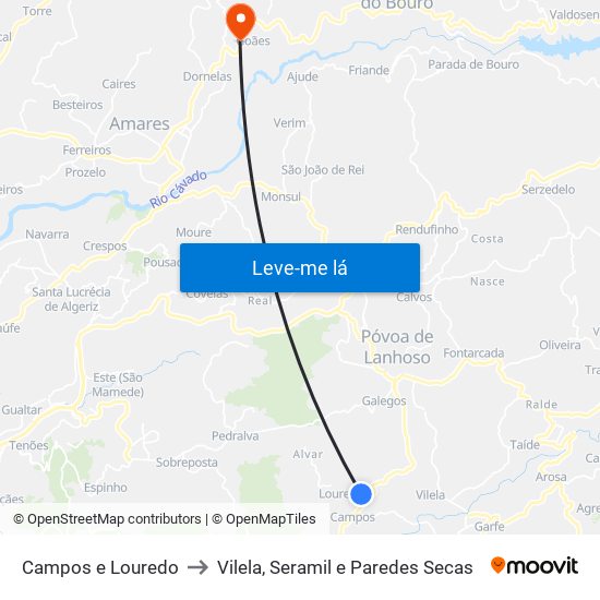 Campos e Louredo to Vilela, Seramil e Paredes Secas map