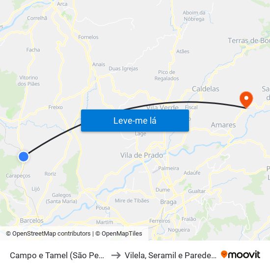 Campo e Tamel (São Pedro Fins) to Vilela, Seramil e Paredes Secas map