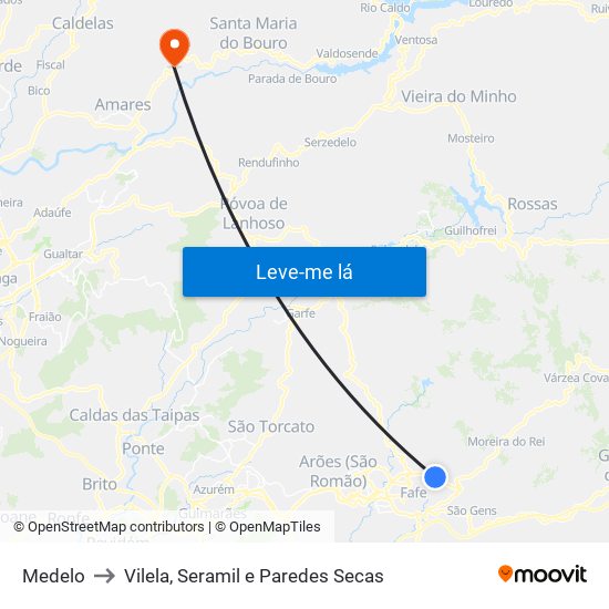 Medelo to Vilela, Seramil e Paredes Secas map