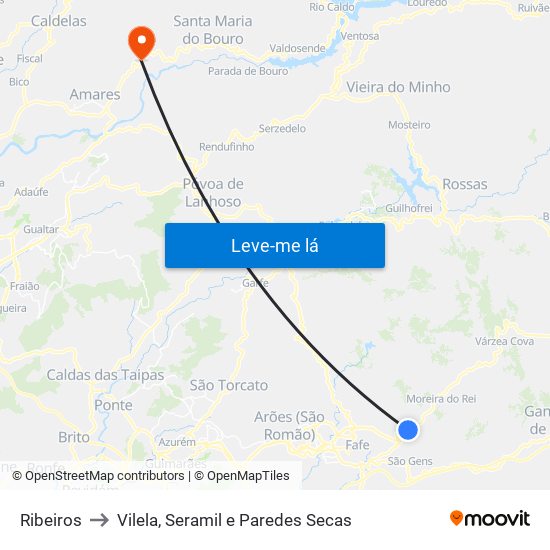Ribeiros to Vilela, Seramil e Paredes Secas map