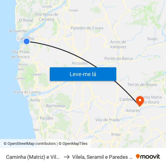Caminha (Matriz) e Vilarelho to Vilela, Seramil e Paredes Secas map