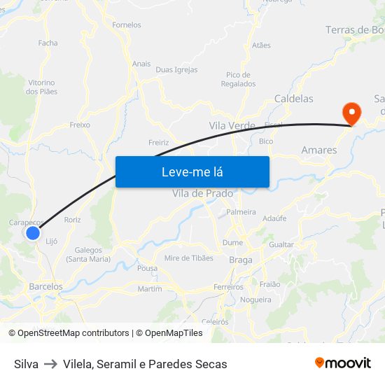 Silva to Vilela, Seramil e Paredes Secas map