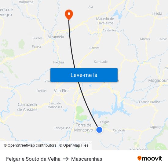 Felgar e Souto da Velha to Mascarenhas map
