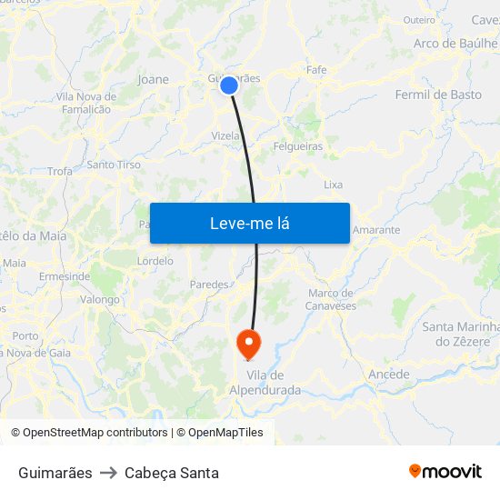 Guimarães to Cabeça Santa map