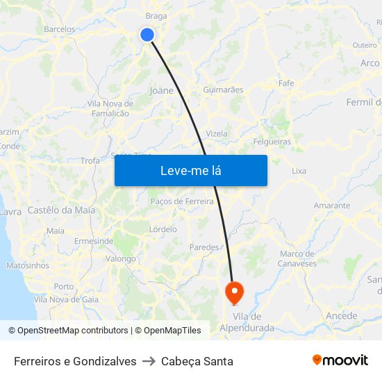 Ferreiros e Gondizalves to Cabeça Santa map