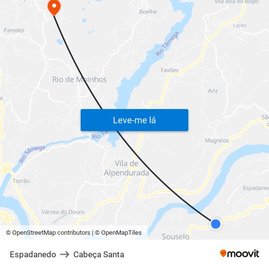 Espadanedo to Cabeça Santa map