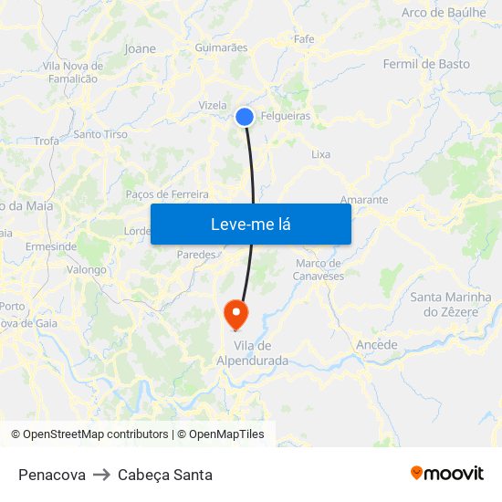 Penacova to Cabeça Santa map