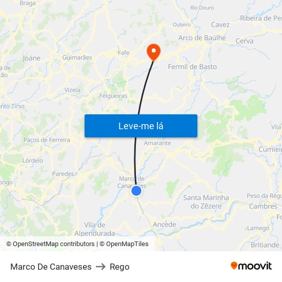 Marco De Canaveses to Rego map