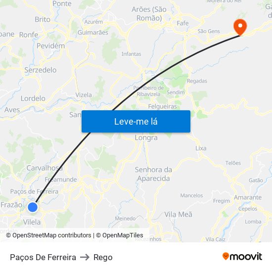 Paços De Ferreira to Rego map