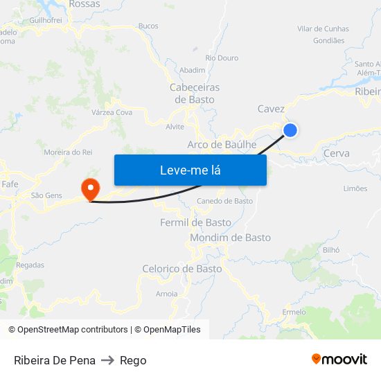 Ribeira De Pena to Rego map