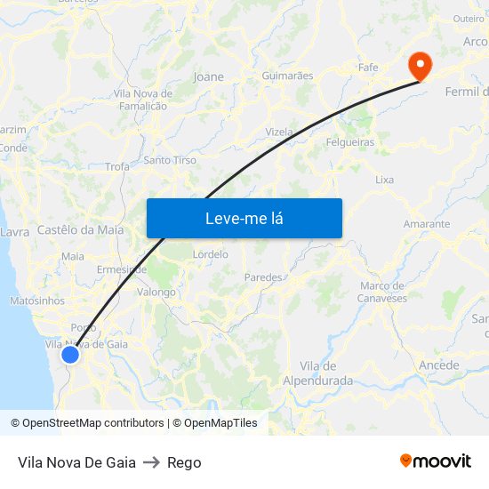 Vila Nova De Gaia to Rego map