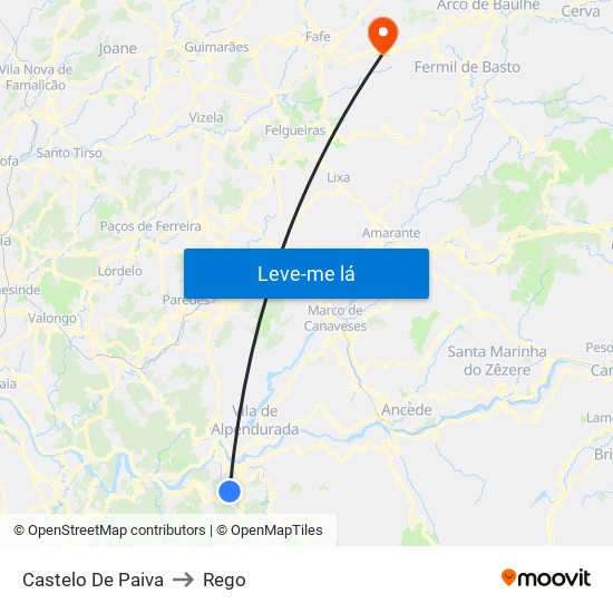 Castelo De Paiva to Rego map
