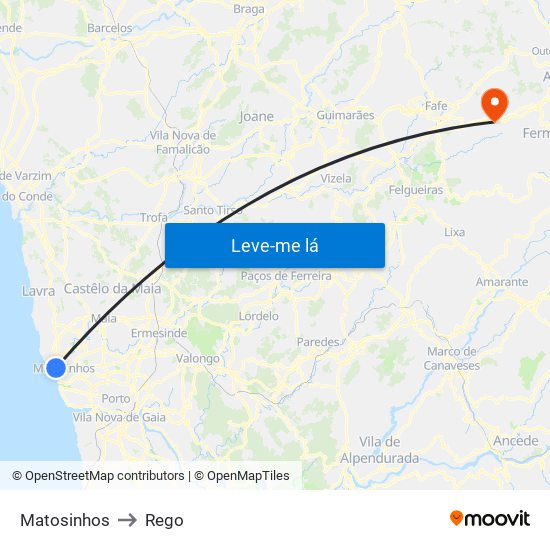 Matosinhos to Rego map