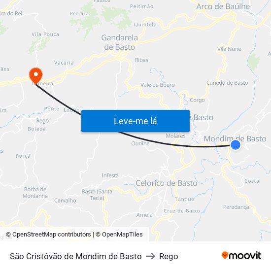 São Cristóvão de Mondim de Basto to Rego map