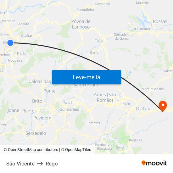 São Vicente to Rego map