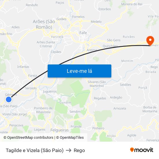 Tagilde e Vizela (São Paio) to Rego map