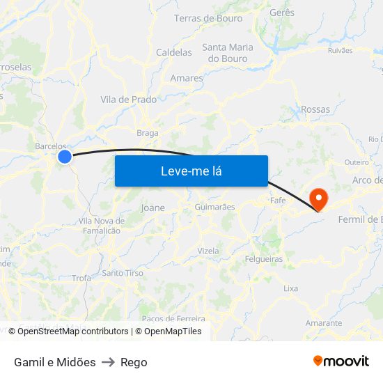 Gamil e Midões to Rego map