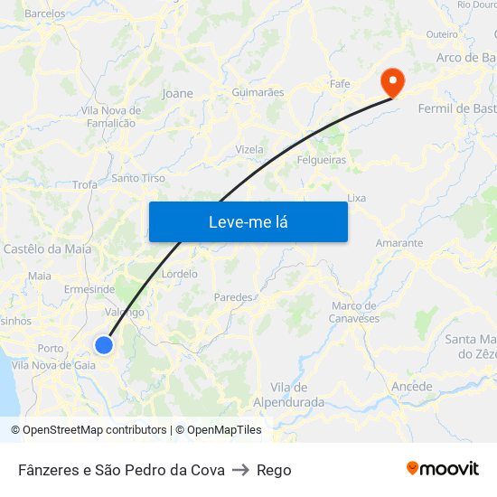 Fânzeres e São Pedro da Cova to Rego map