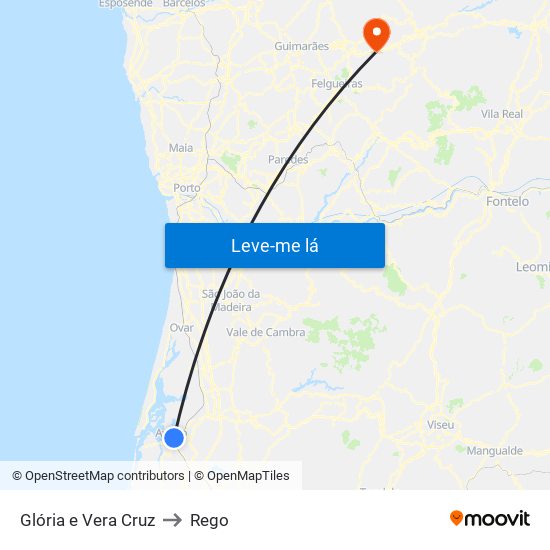 Glória e Vera Cruz to Rego map