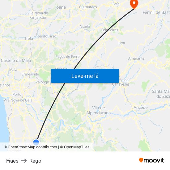 Fiães to Rego map