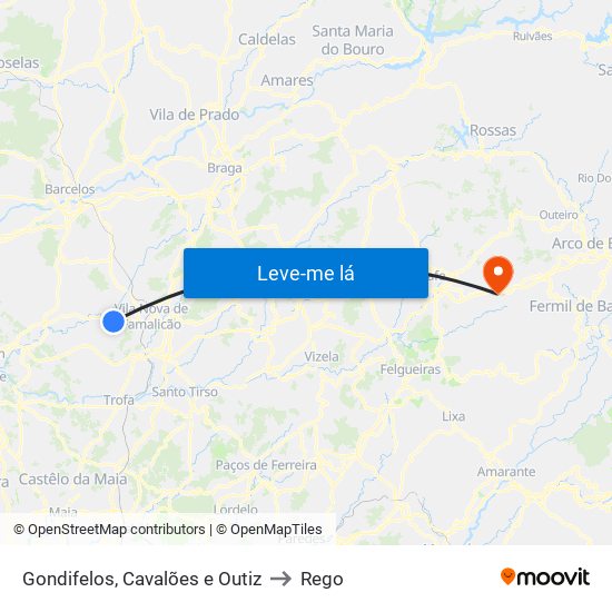 Gondifelos, Cavalões e Outiz to Rego map