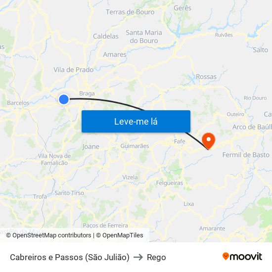 Cabreiros e Passos (São Julião) to Rego map