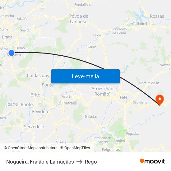 Nogueira, Fraião e Lamaçães to Rego map