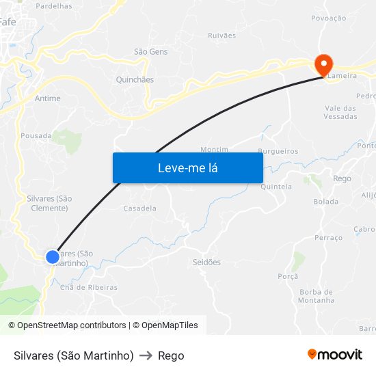 Silvares (São Martinho) to Rego map