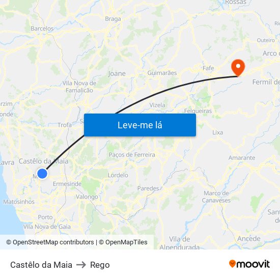 Castêlo da Maia to Rego map