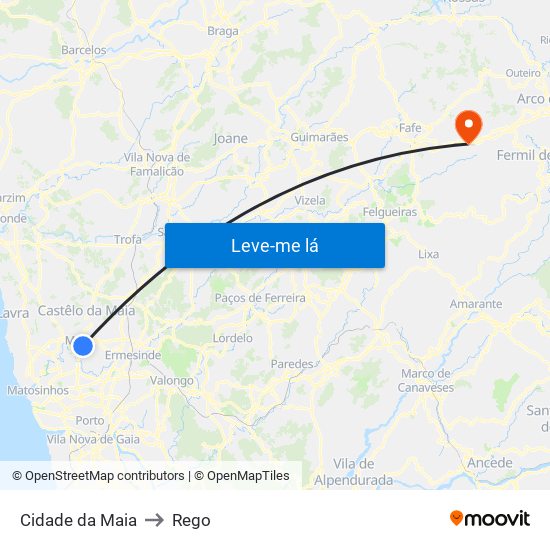 Cidade da Maia to Rego map