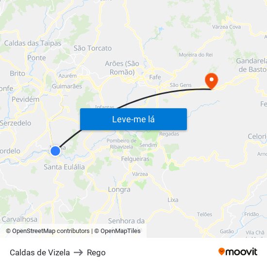 Caldas de Vizela to Rego map