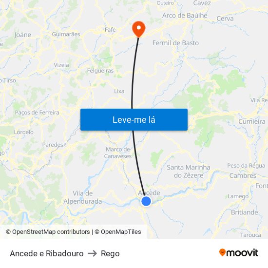 Ancede e Ribadouro to Rego map