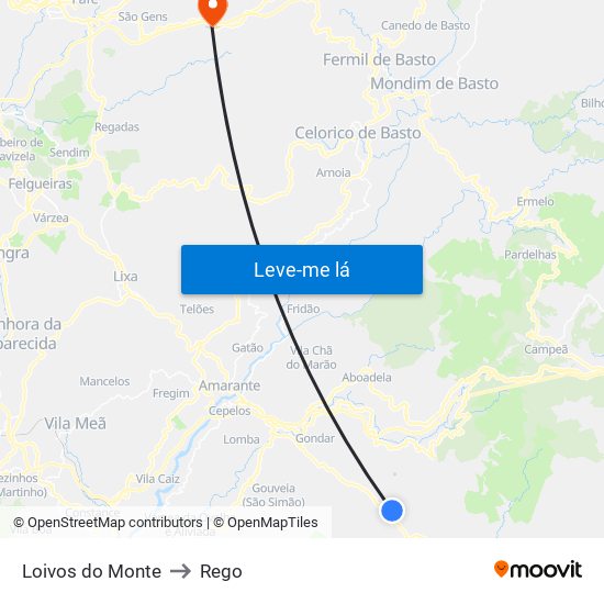 Loivos do Monte to Rego map